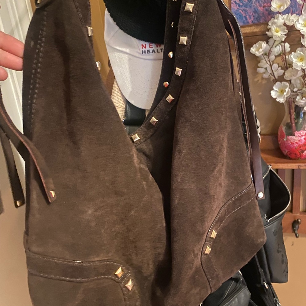 Brown suede hobo bag with tassels
